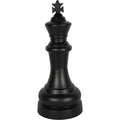 Black chess king sculpture with a cross-shaped top, curved stem and stepped circular base, shown against a white background.
