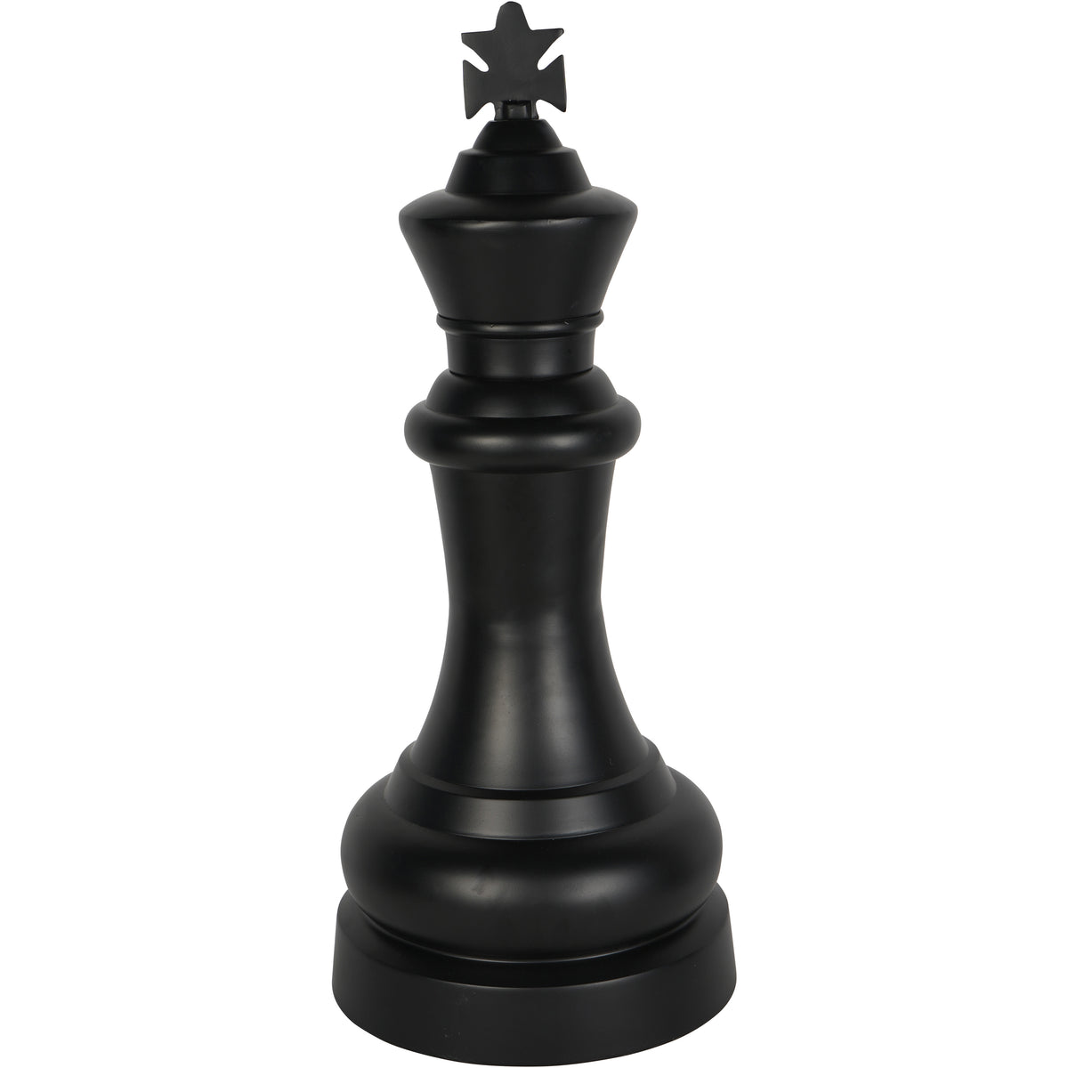 Black chess king sculpture with a cross-shaped top, curved stem and stepped circular base, shown against a white background.