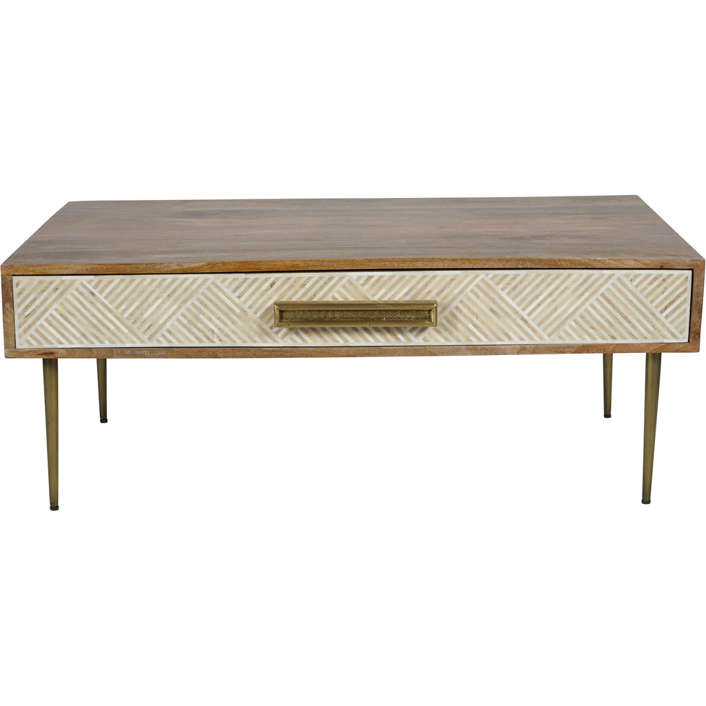 Front view of the coffee table showing the full chevron drawer panel, central rectangular gold-toned handle and tapered legs.