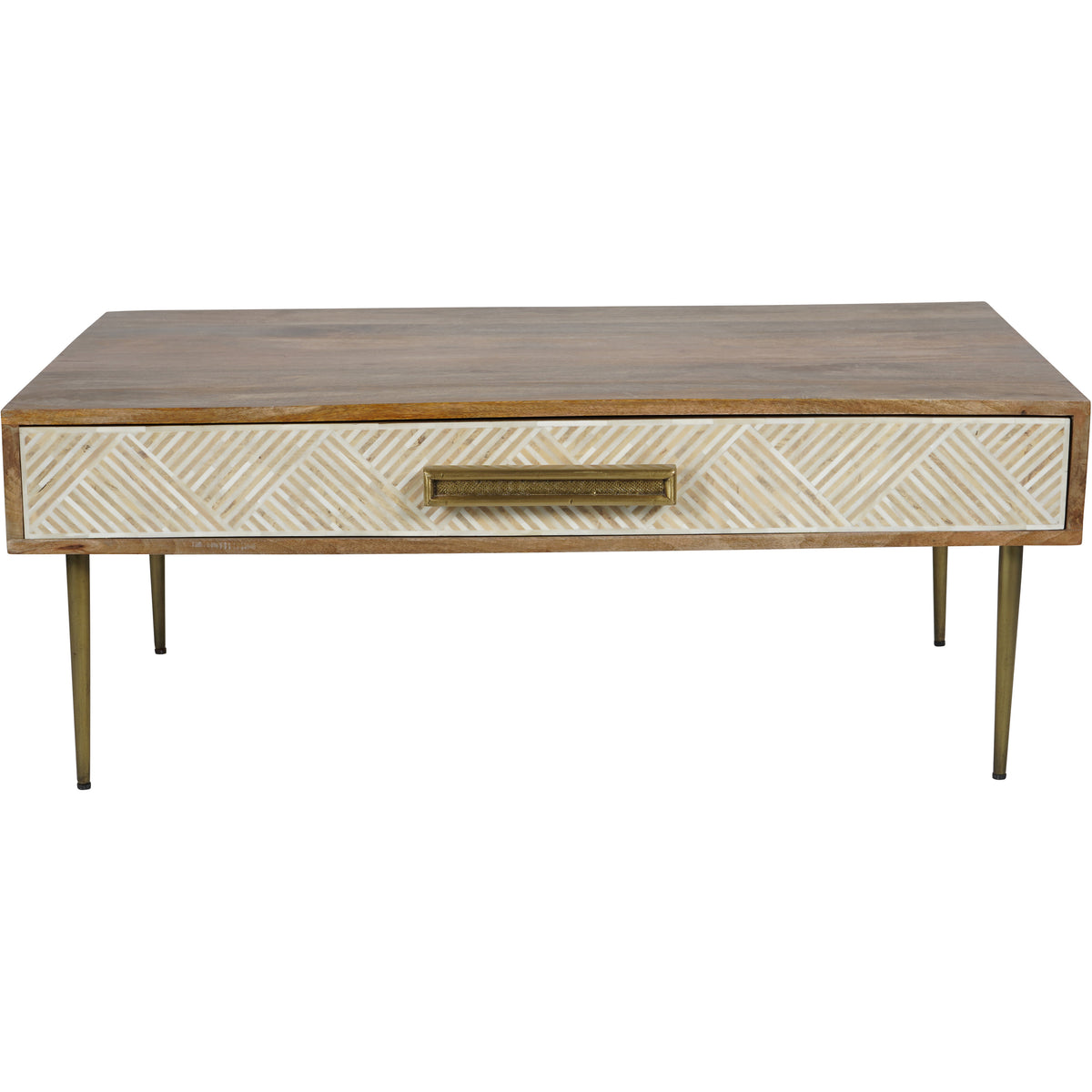 Front view of the coffee table showing the full chevron drawer panel, central rectangular gold-toned handle and tapered legs.