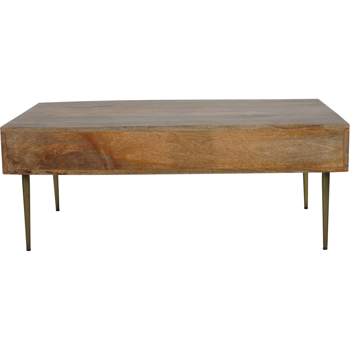 Rear view of the coffee table showing the plain wood back, varied grain and four slender gold-toned legs.