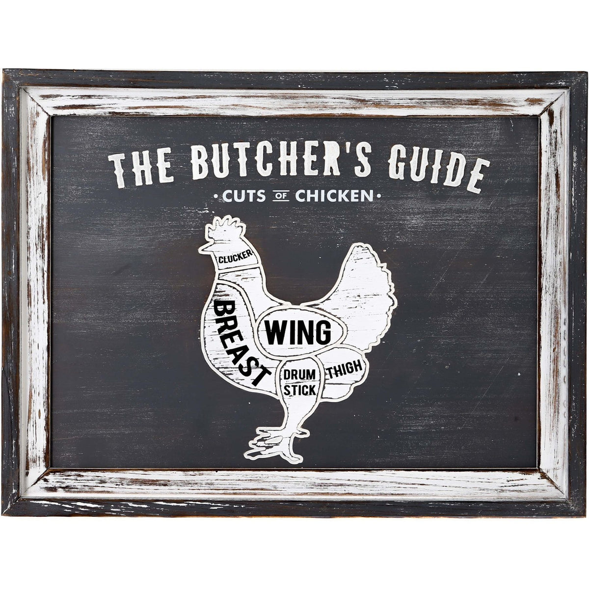 Front view of the Chicken Cuts Wall Plaque with The Butcher's Guide heading, a labelled white chicken diagram and distressed white and dark framing.