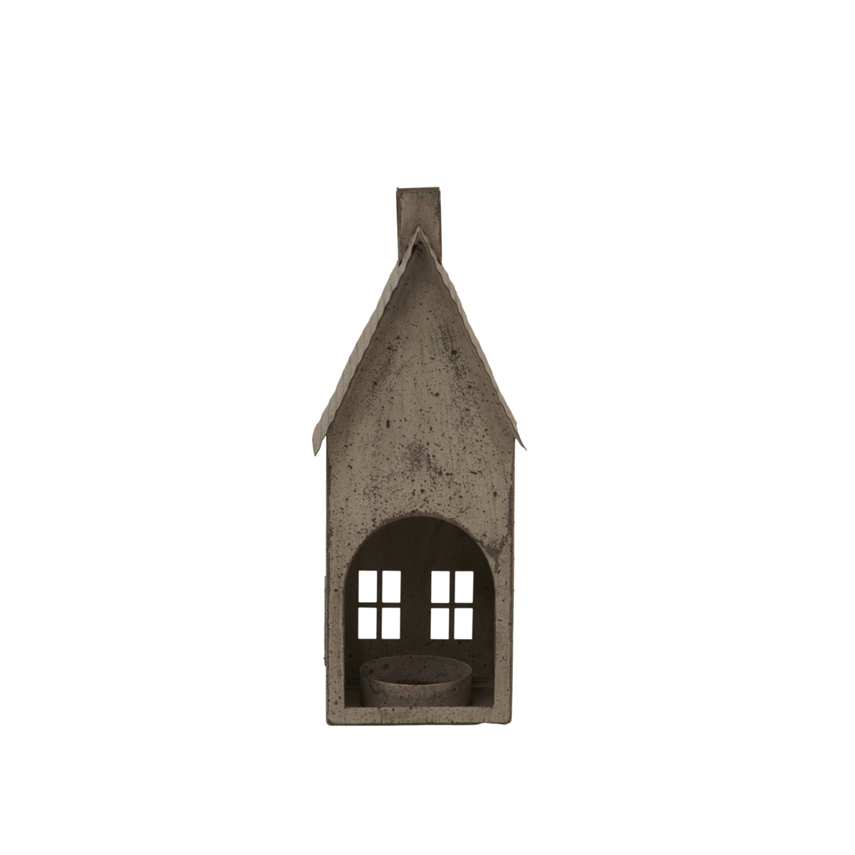 Rear view of the house-shaped candle holder with an arched opening revealing a low mottled cup and the front windows beyond.
