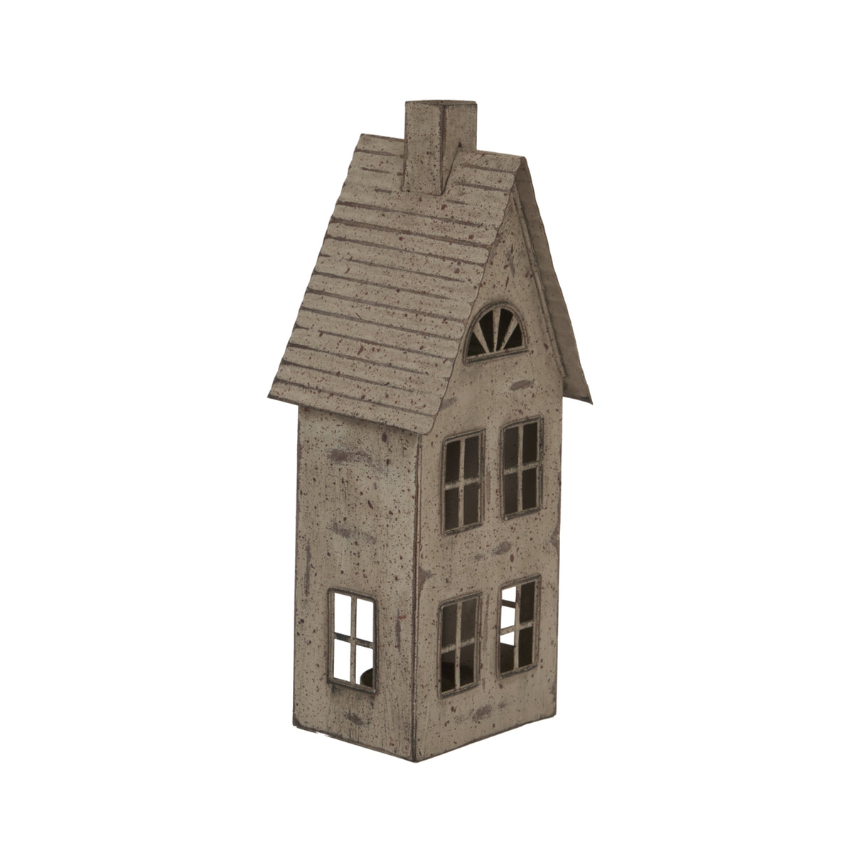 Angled view of the house-shaped candle holder showing the ridged roof, chimney, front windows and single side window.