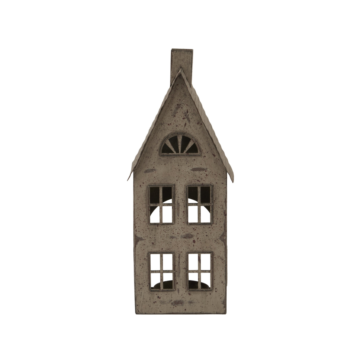 Front view of the tall house-shaped candle holder, with a chimney, steep roof, fan-shaped upper window and four rectangular windows.