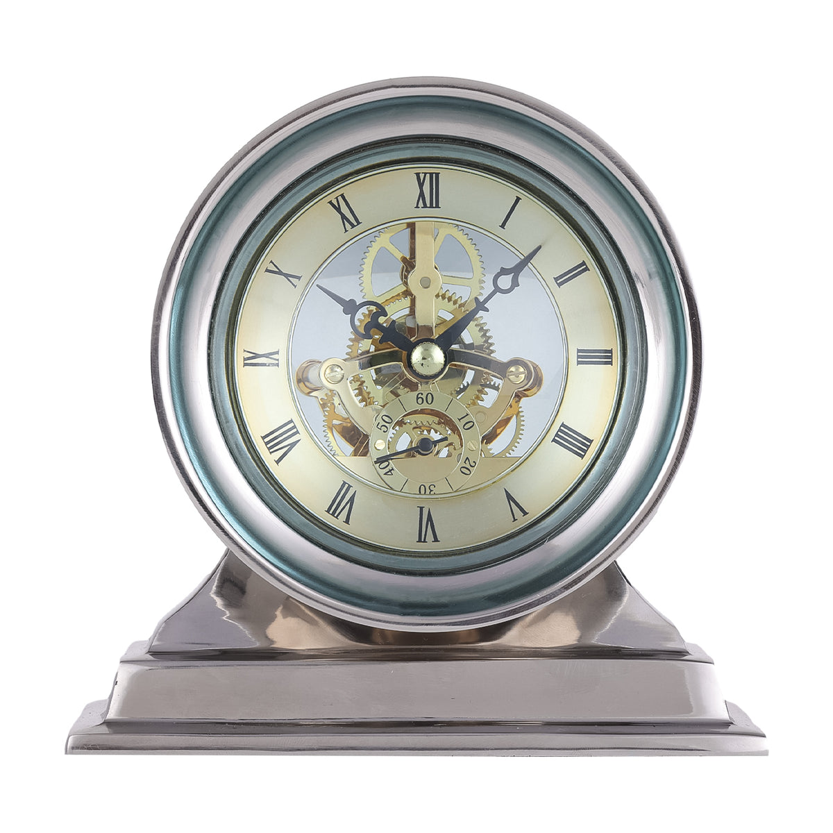Front view of the polished nickel mantel clock with Roman numerals, visible gold-toned gearwork and a broad stepped base.
