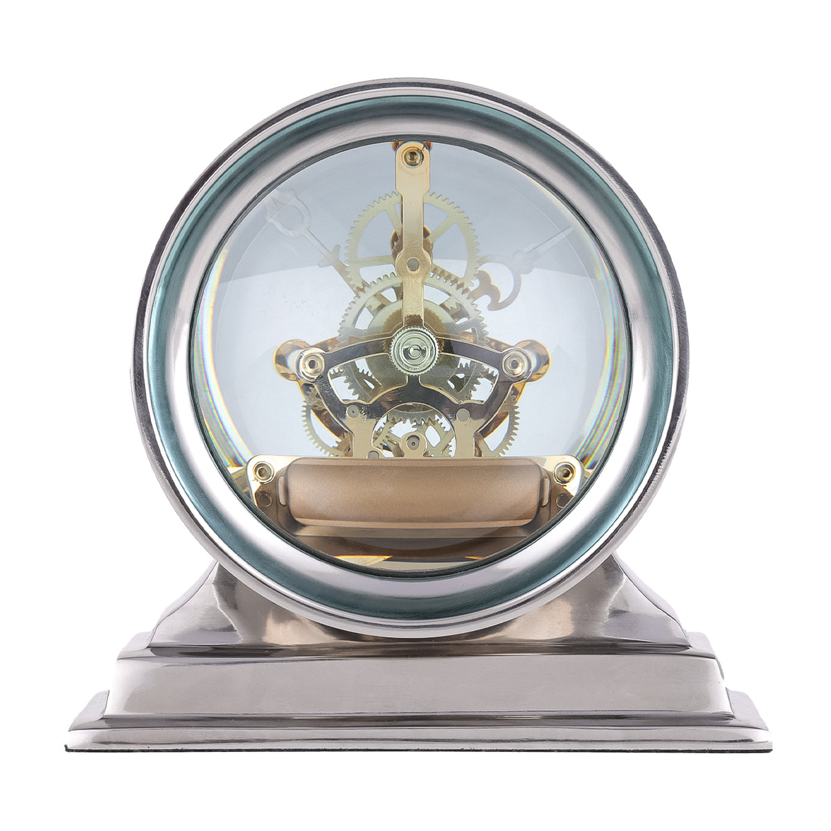 Rear view of the clock showing layered gold-toned wheels and a horizontal cylindrical element through clear glass.