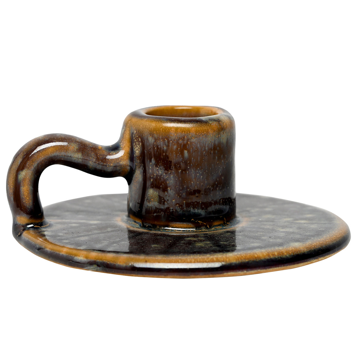 Cinder candle holder viewed from the front, showing its raised cup, shallow circular base and curved side handle.