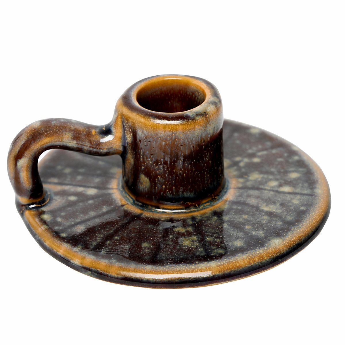 Angled view from above showing the open candle cup and broad base with glossy brown, amber and green mottling.