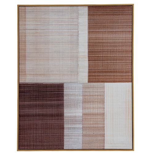 Front view of Cinnamon Interlock Framed Artwork, with cream, taupe and brown rectangular fields inside a narrow golden-brown frame.