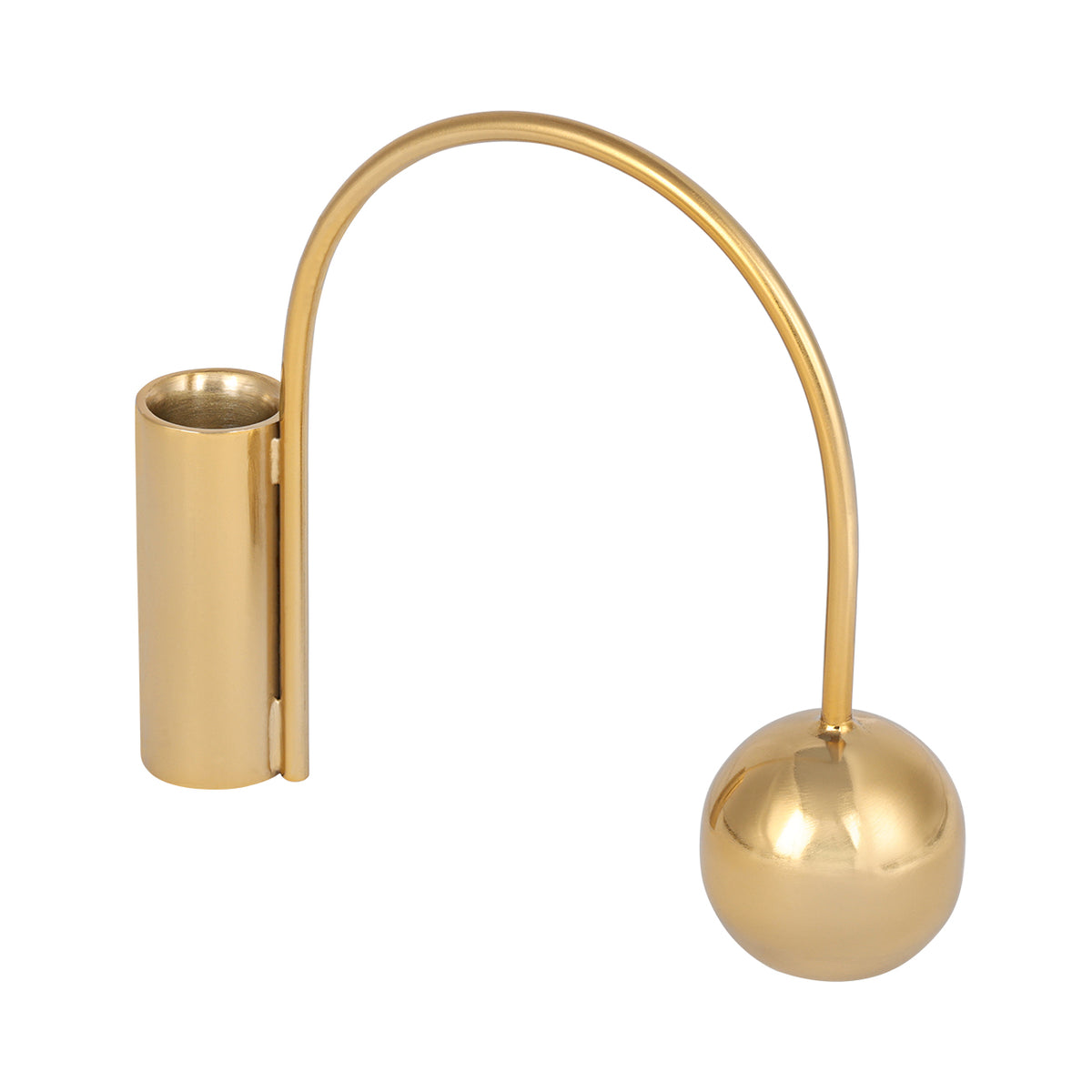 Alternate view of the gold-tone candlestick, with the open candle cup on the left and sphere on the right.