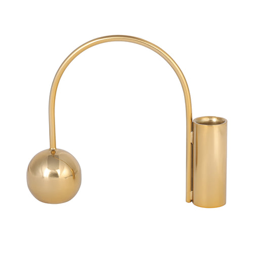 Gold-tone candlestick with a broad arch, low sphere on the left and cylindrical candle cup on the right.