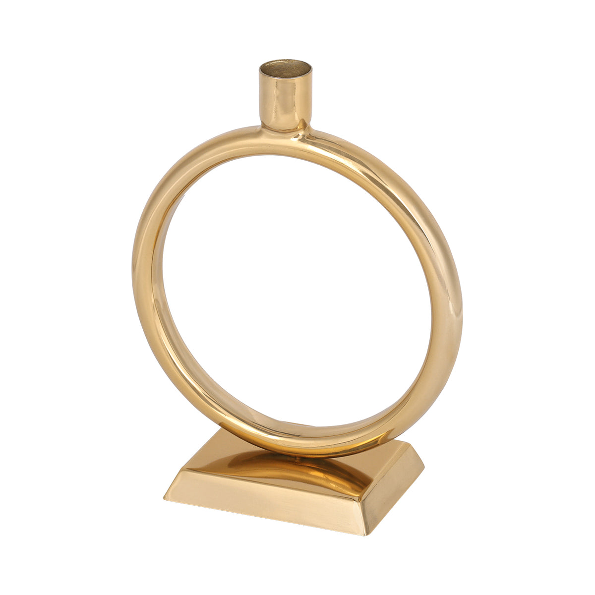 Angled view showing the candle holder’s slim ring, reflective gold finish and stepped base.