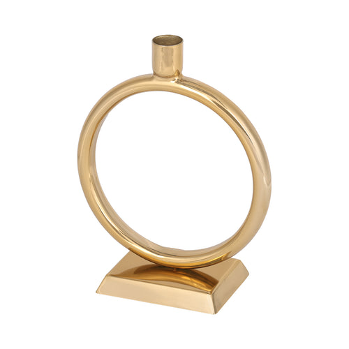 Angled view showing the candle holder’s slim ring, reflective gold finish and stepped base.