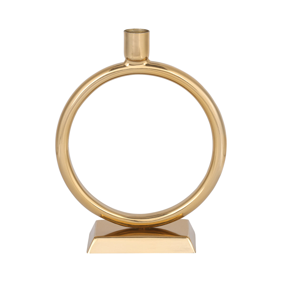 Front view of the gold circular candle holder with a single top socket and low angled plinth.
