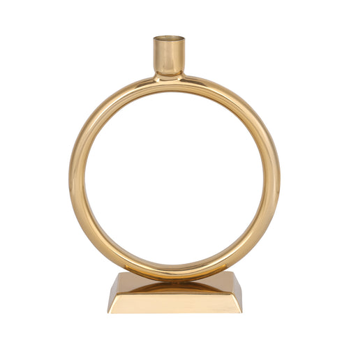 Front view of the gold circular candle holder with a single top socket and low angled plinth.