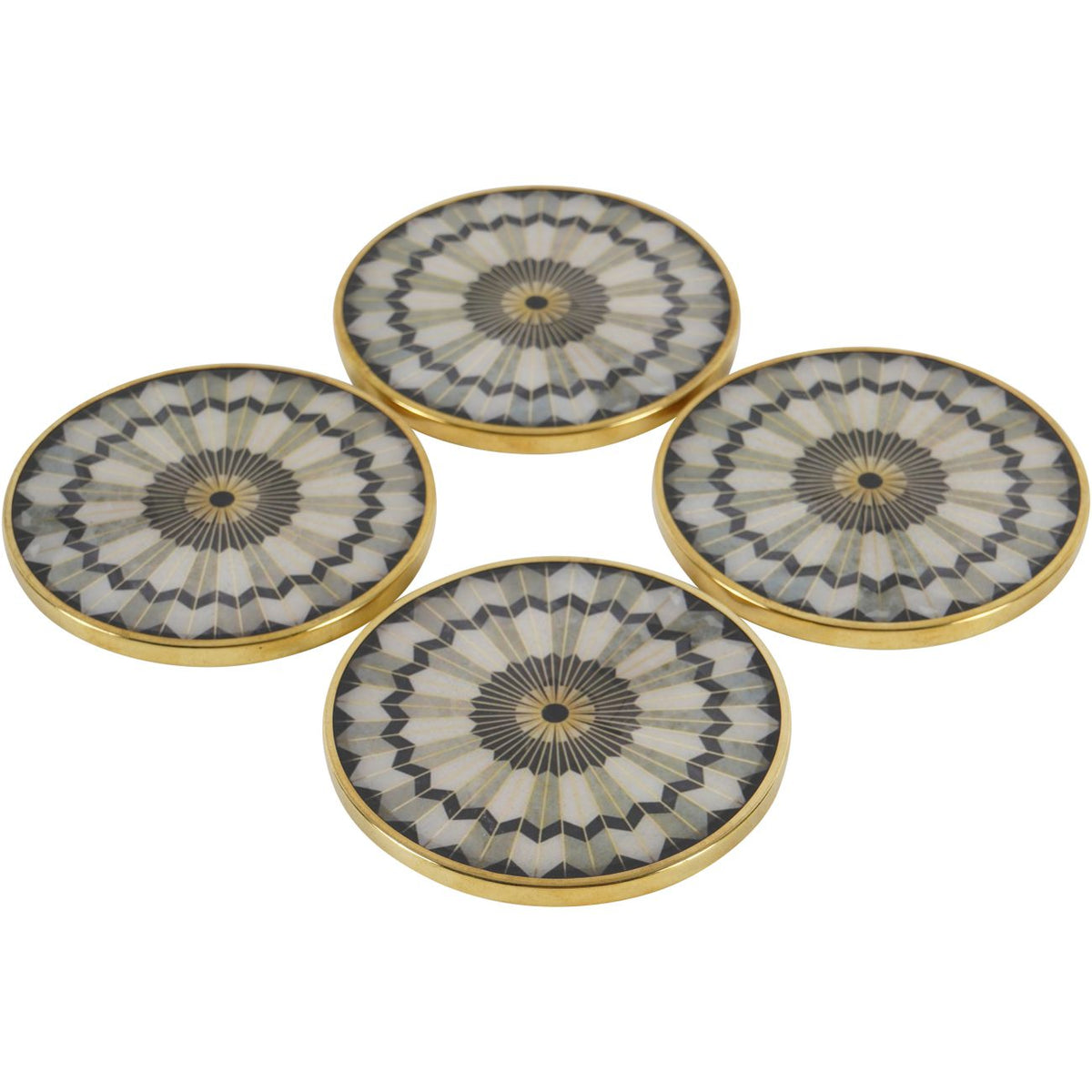 Four matching sunburst coasters arranged separately at an angle on a white background.
