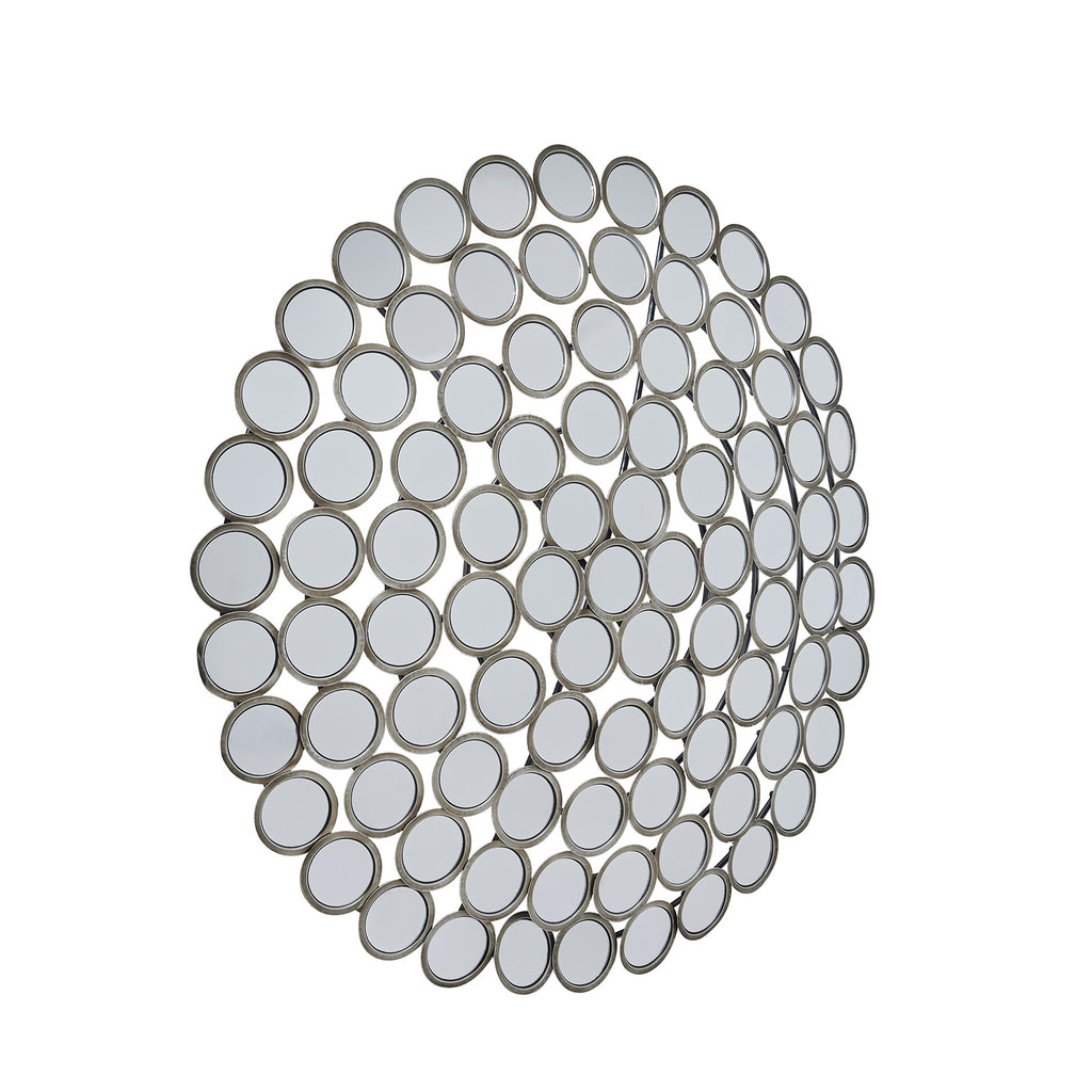 Angled view of the circular mosaic wall mirror, showing small round mirrors with antiqued silver-coloured rims and spaces between them.