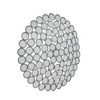 Angled view of the circular mosaic wall mirror, showing small round mirrors with antiqued silver-coloured rims and spaces between them.
