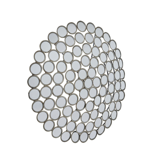 Angled view of the circular mosaic wall mirror, showing small round mirrors with antiqued silver-coloured rims and spaces between them.