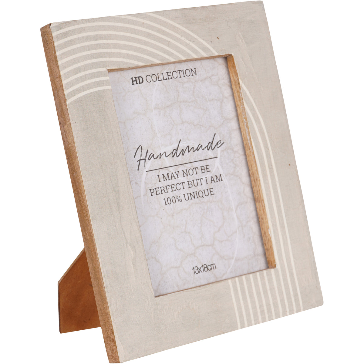Angled view of a cream photo frame with white corner arcs, exposed brown wood edges and a rear easel supporting portrait display.