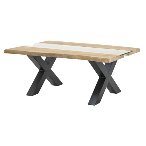 Clear Channel Coffee Table viewed at an angle, with a pale rectangular top, clear-looking central panel and two black X-shaped supports.