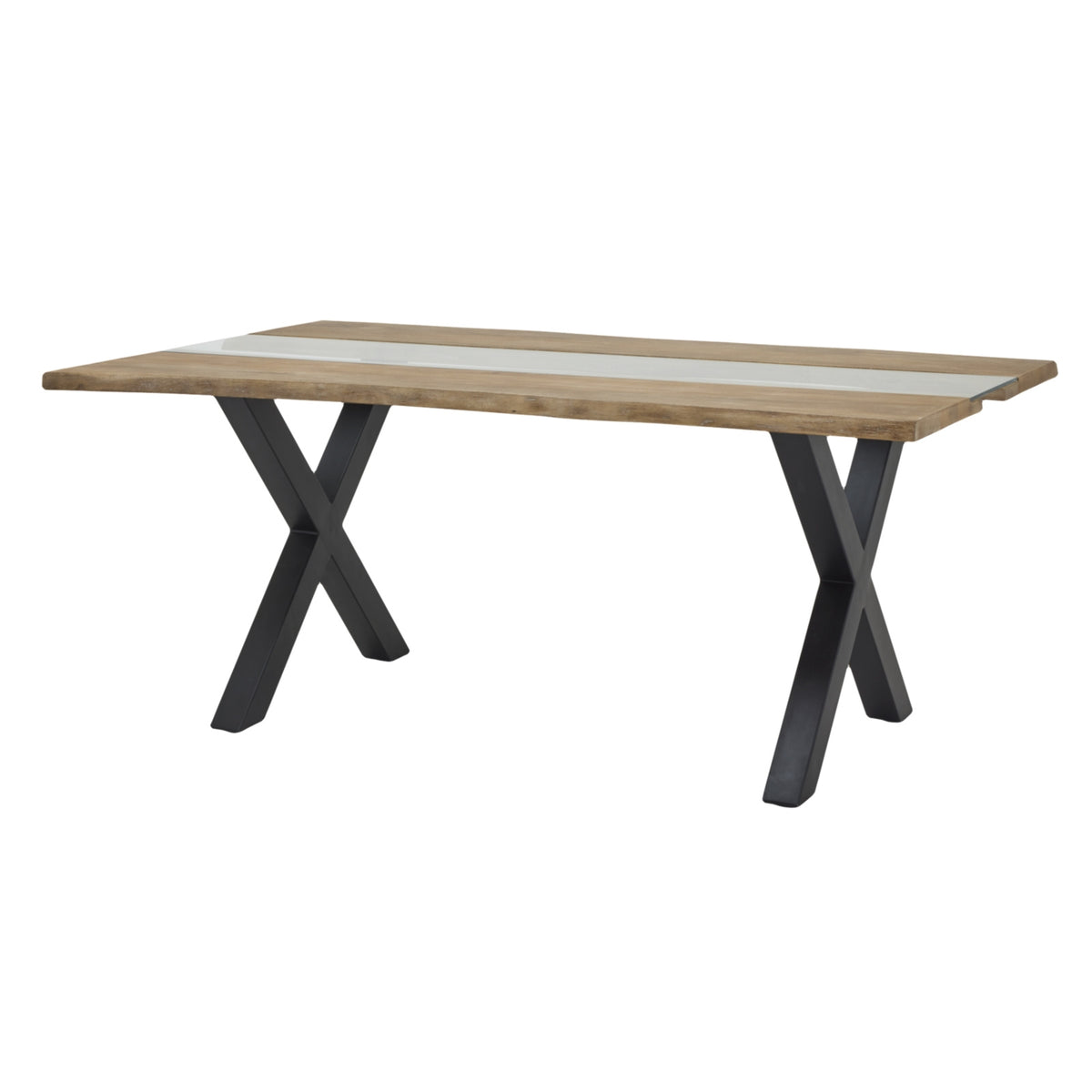 Clear Channel Dining Table viewed at an angle, with pale outer tabletop sections, a transparent centre and two black X-shaped supports.