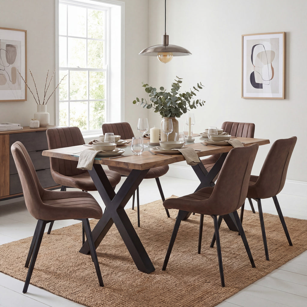 Clear Channel Dining Table styled with brown upholstered chairs, neutral place settings and a vase of foliage beneath a pendant light in a bright dining room.