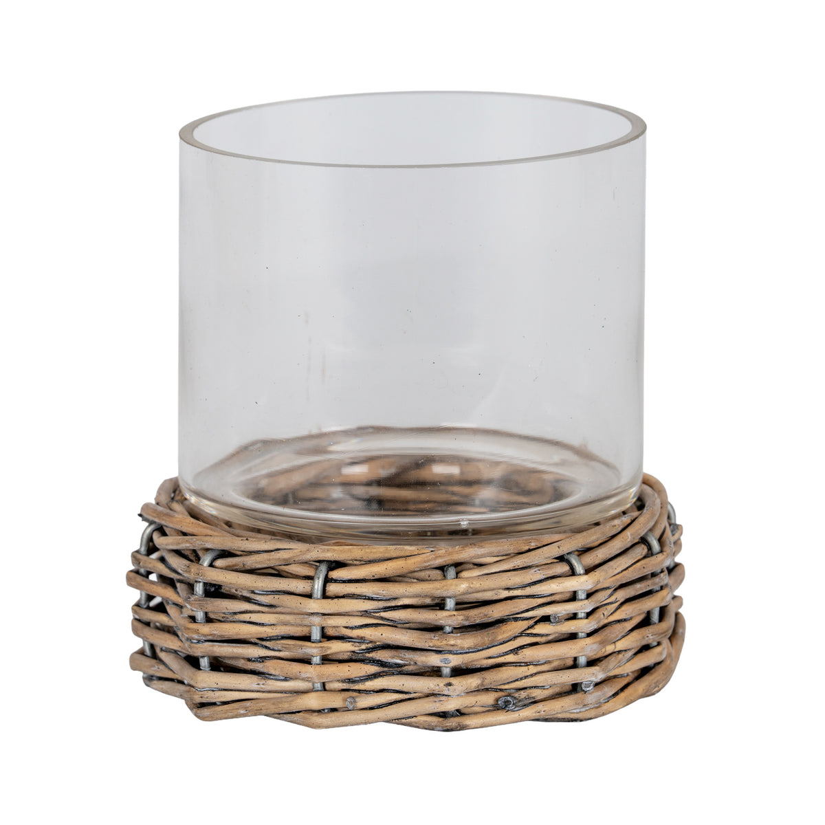 Clear open cylinder resting on a low round brown woven tray, shown against a white background.