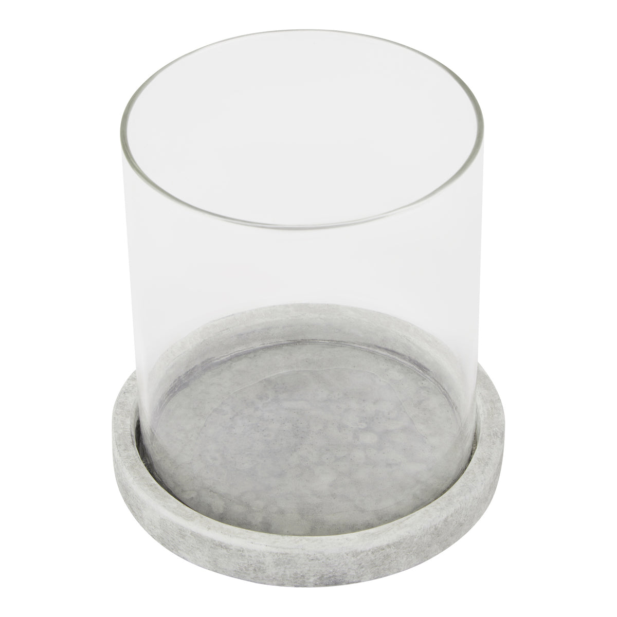 Candle lantern viewed from above, showing the open circular sleeve and the mottled pale grey surface inside its round base.