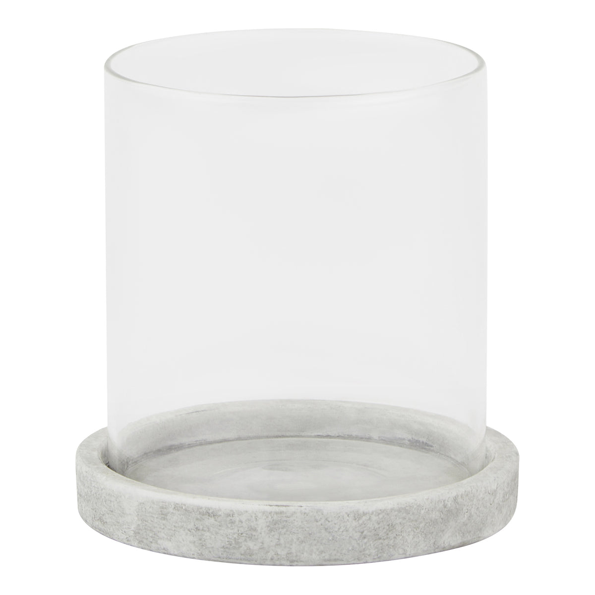 Front view of a clear cylindrical candle lantern with a shallow pale grey round base and mottled finish.
