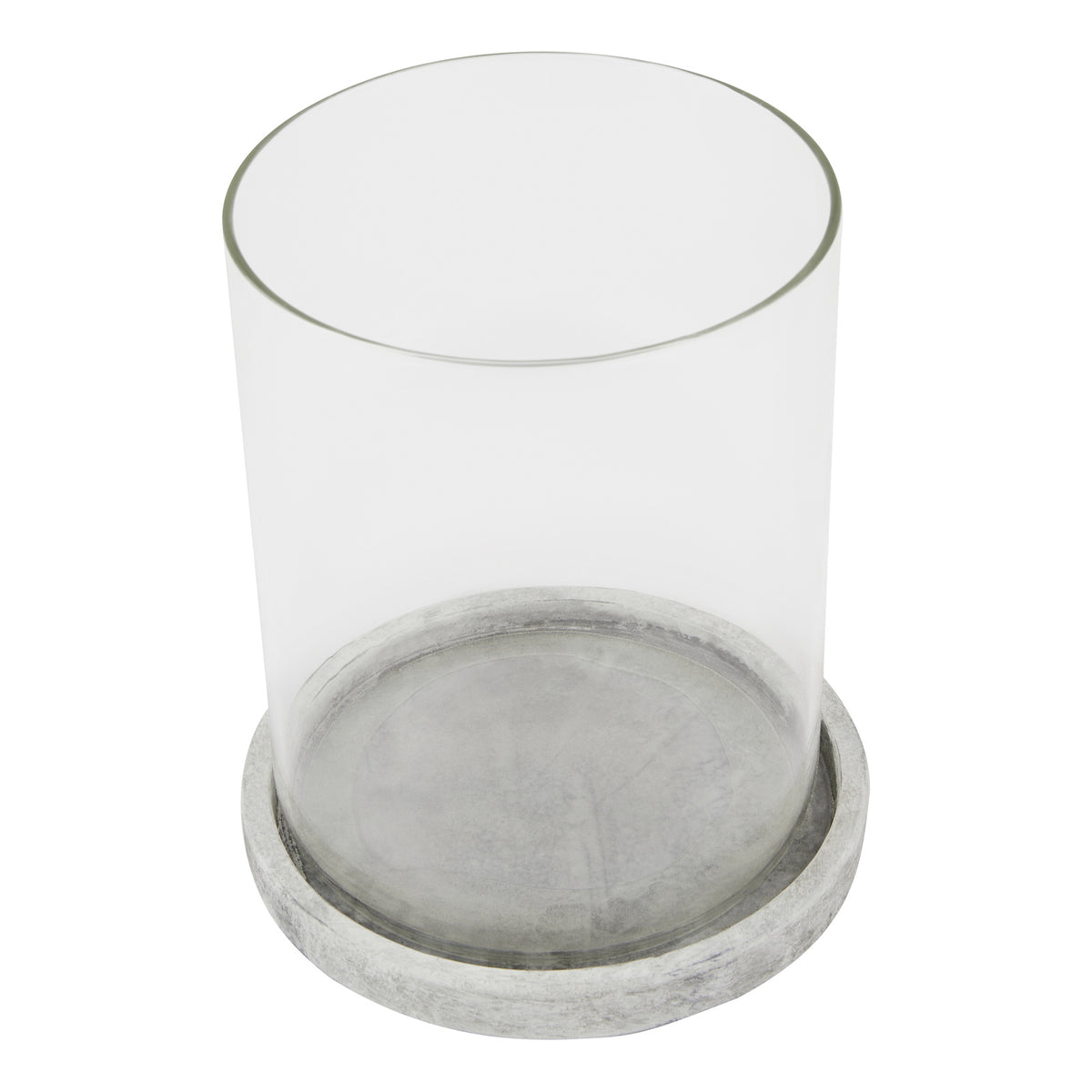 Candle lantern viewed from above at an angle, showing the open circular top, clear sides and grey markings across the round base.