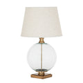 Clear Spherebody Table Lamp on a white background, with a pale tapered shade, transparent round body and brass-toned square base.