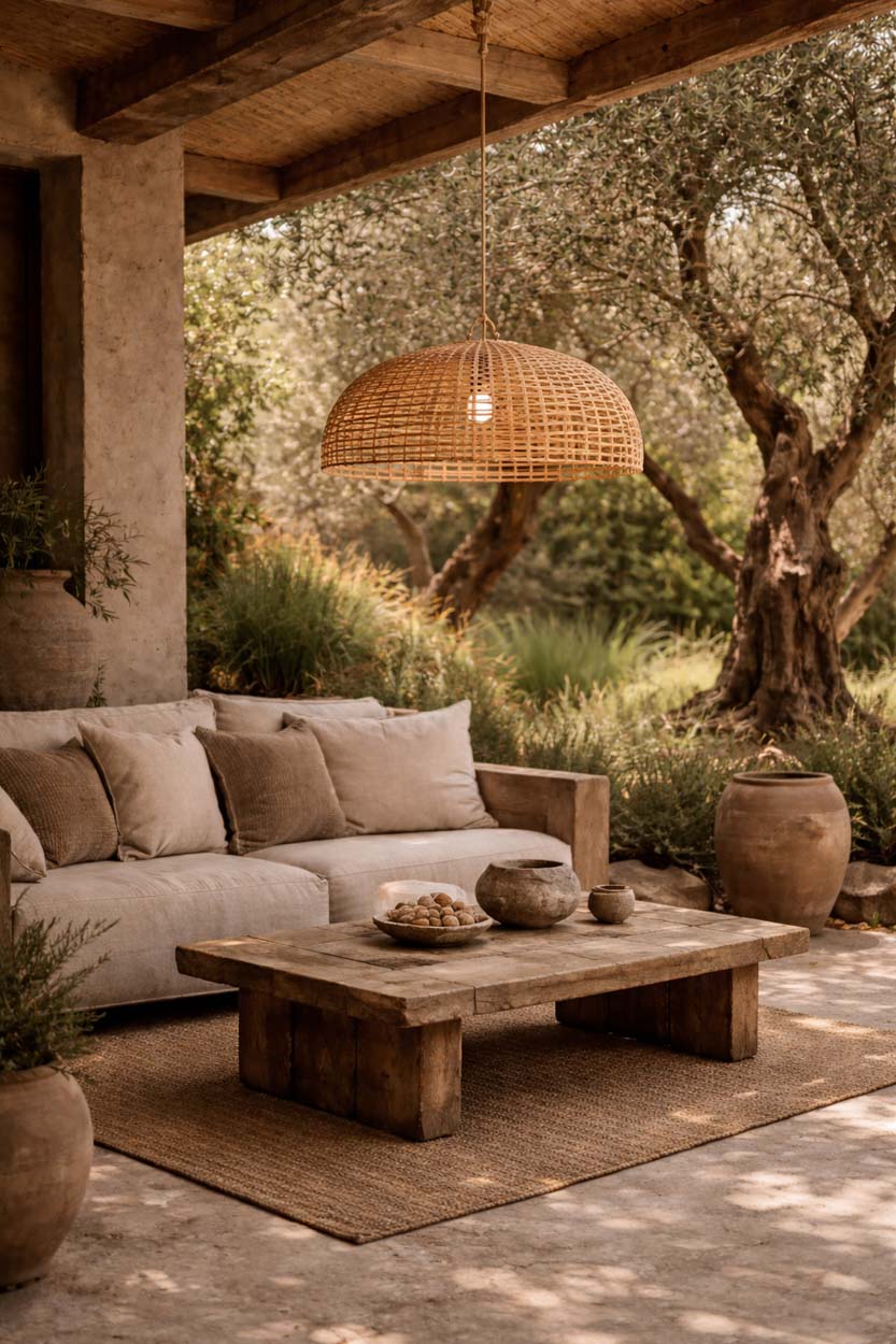 Cloche Synthetic Rattan Pendant Light – Natural – styled above an outdoor lounge