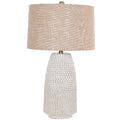 Closegrid Greyshade Table Lamp on a white background, showing its tapered off-white gridded body, warm-grey cylindrical shade and gold-coloured neck and finial.