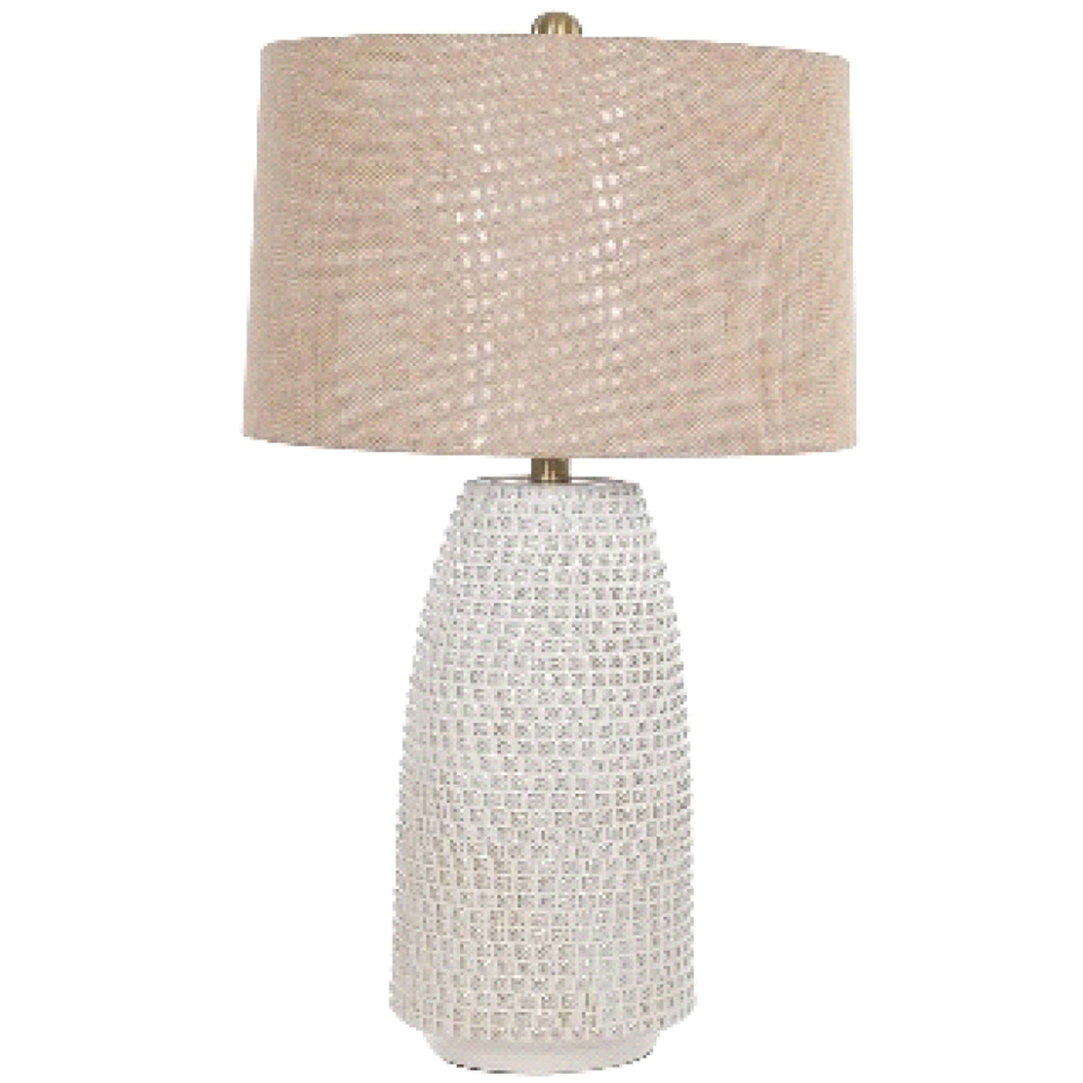 Closegrid Greyshade Table Lamp on a white background, showing its tapered off-white gridded body, warm-grey cylindrical shade and gold-coloured neck and finial.