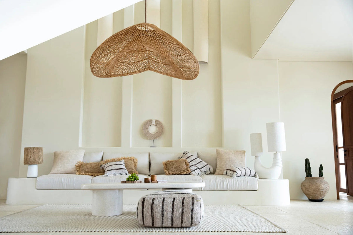 Cloud Rattan Pendant Light – Natural, Extra Extra Large — styled in a pale living room