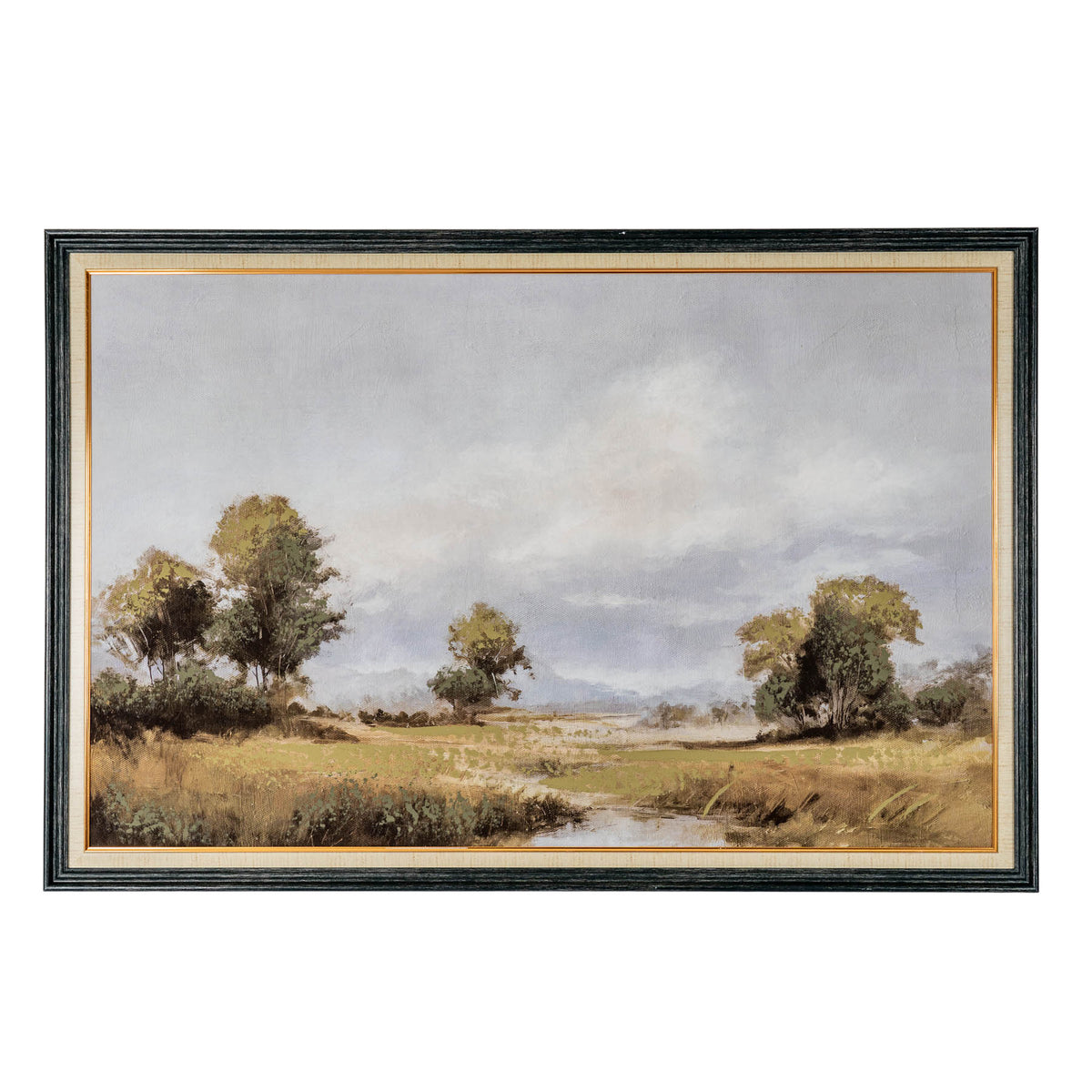 Front view of a landscape artwork showing trees and green-brown fields beneath a broad cloudy grey sky, with water in the foreground and a dark frame with pale and gold-toned inner borders.