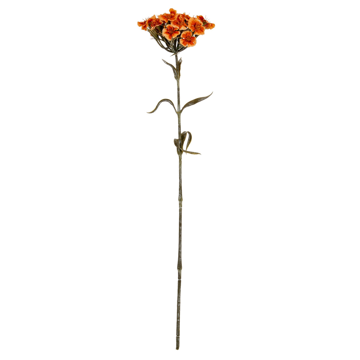 Full view of an orange artificial flower spray with a clustered flower head, branching green stem and narrow curled leaves against white.