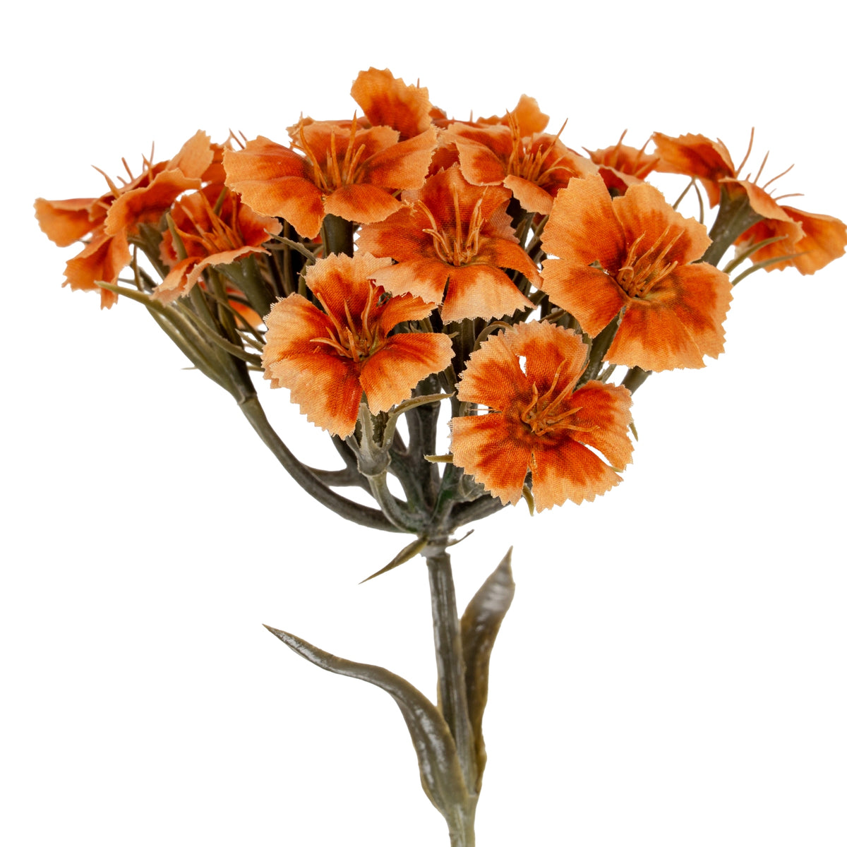 Close-up of clustered orange artificial flowers showing pale ruffled petal edges, deeper orange centres and the green branches beneath.
