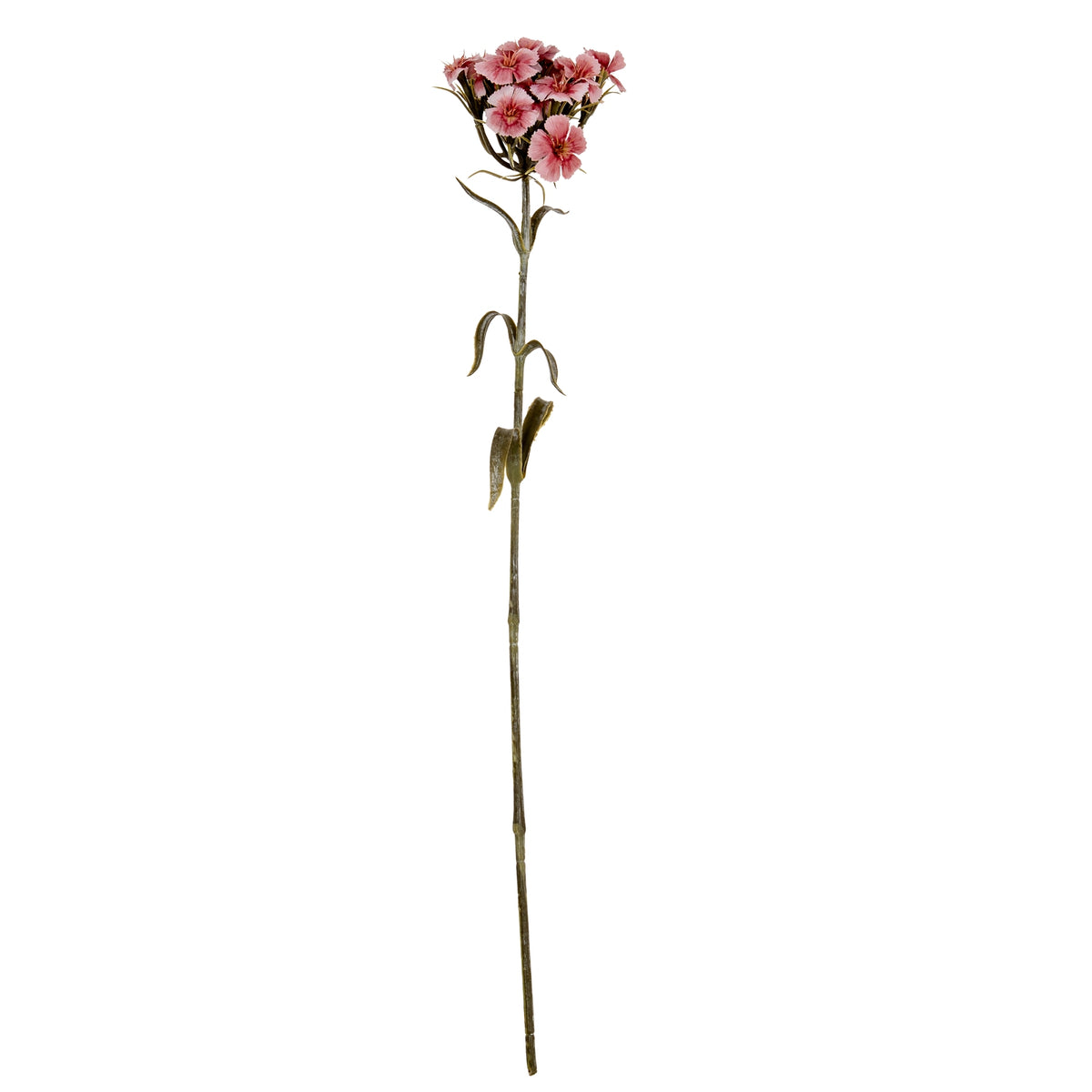 Full view of a pink artificial flower spray with clustered blooms, a long green stem and curled leaves against a white background.
