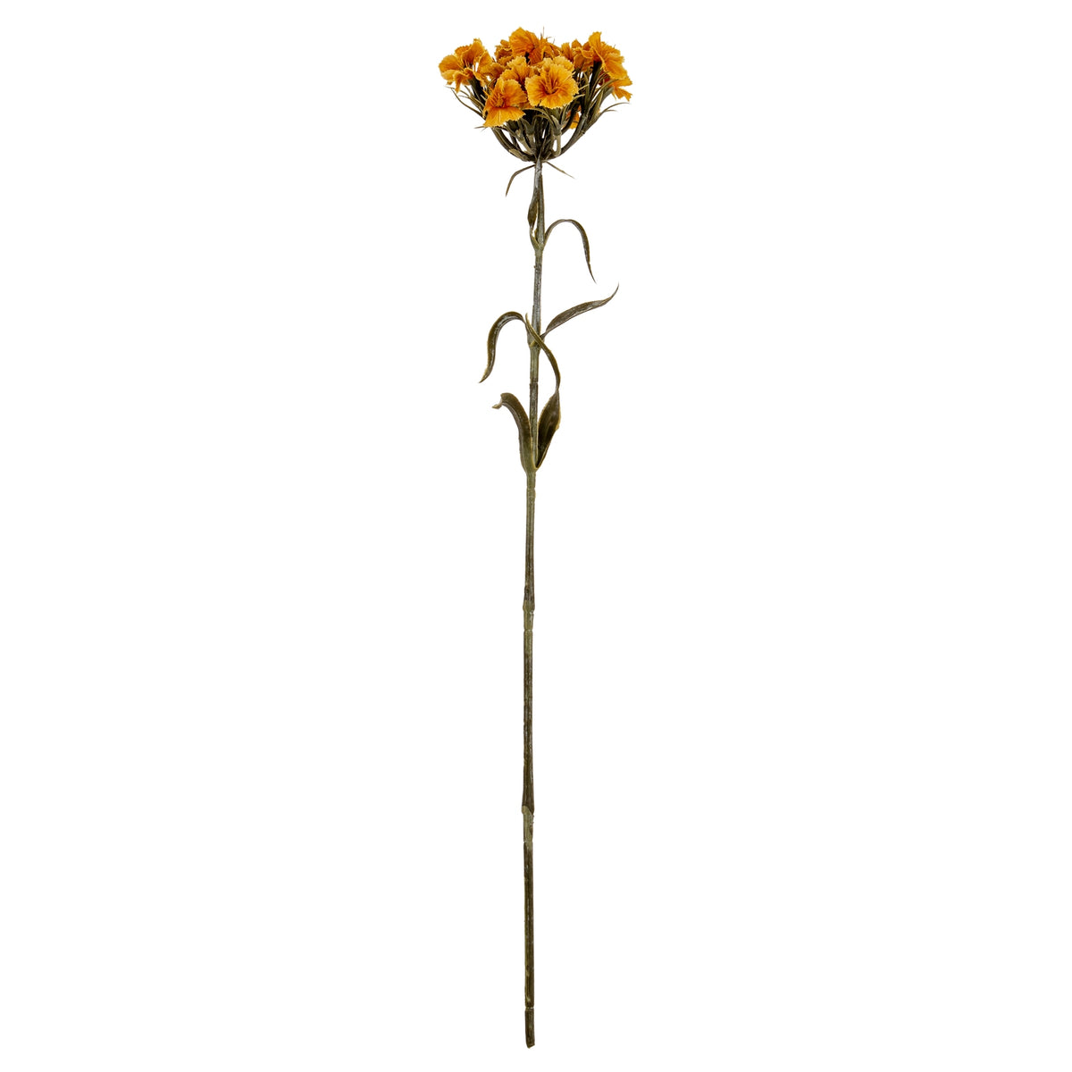 Full view of a yellow artificial flower spray with clustered ruffled blooms and curled green leaves along a long stem on a white background.