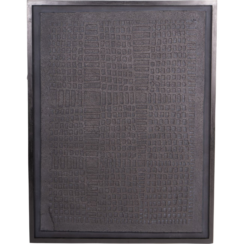 Front view of black rectangular wall art with an embossed cobbled pattern and distressed frame.