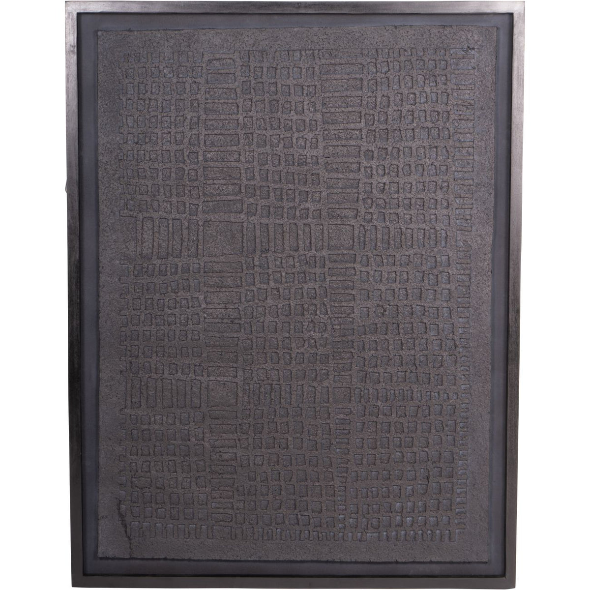 Front view of black rectangular wall art with an embossed cobbled pattern and distressed frame.