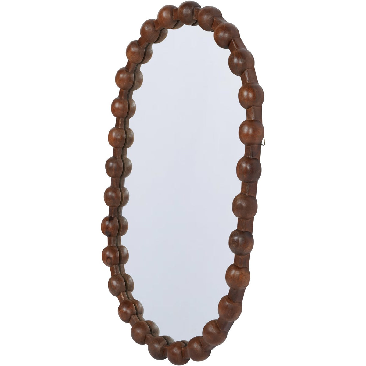 Angled view showing the projecting rounded carvings and depth of the oval mirror frame.