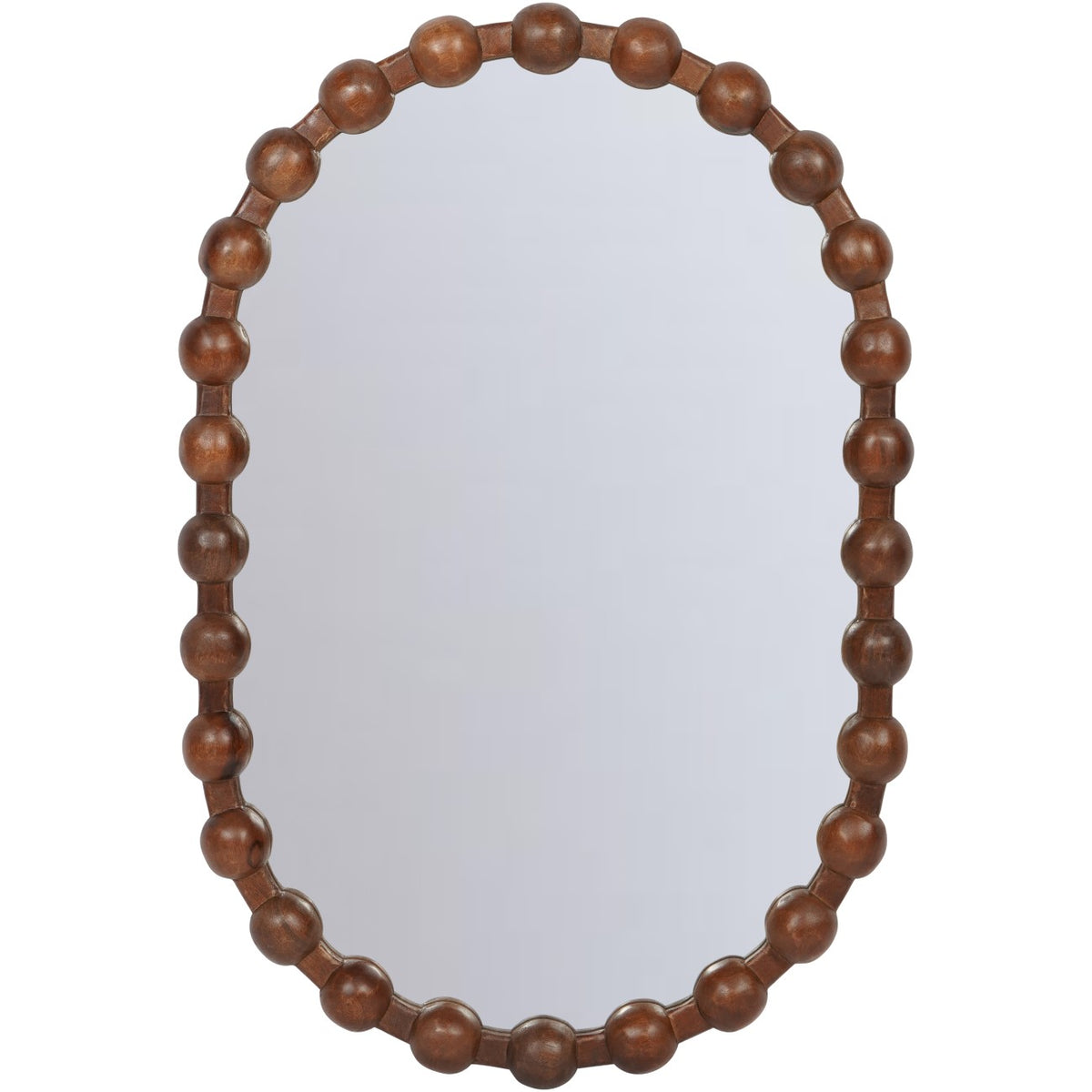 Front view of the Coffer oval mirror with a dark brown frame of rounded wood carvings.