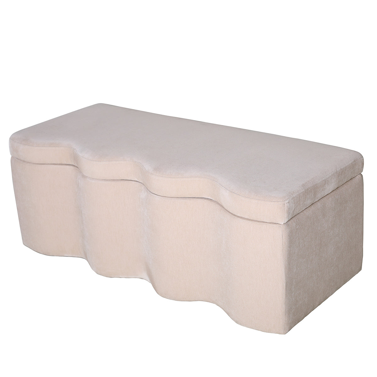 Angled view showing the bench’s waved front, curved corners and straight right side beneath the closed lid.