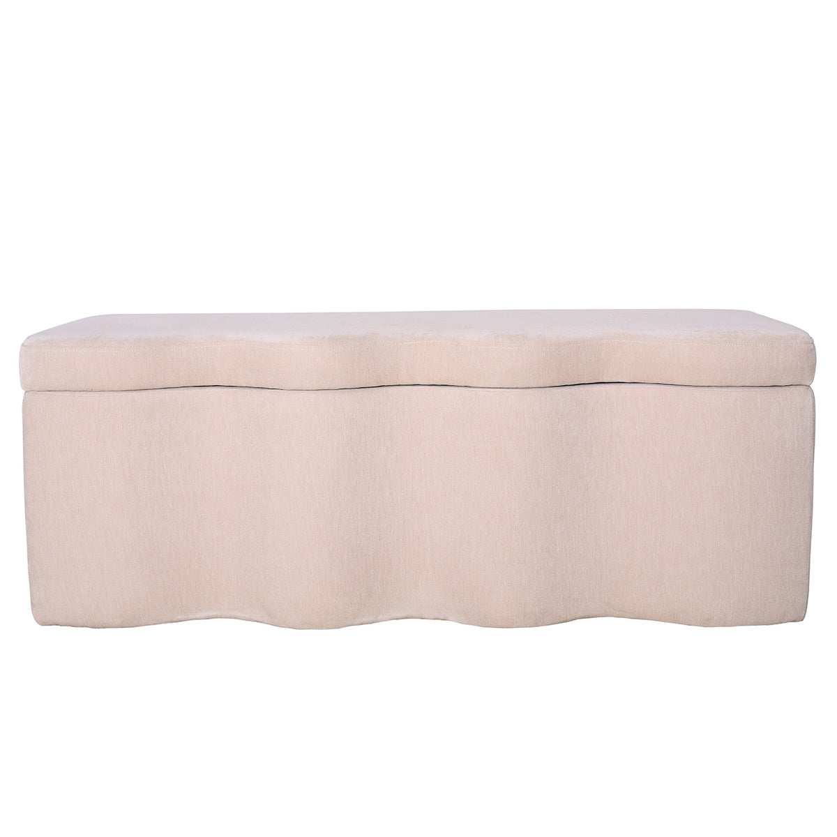 Front view of the cream upholstered storage bench with a gently waved front and closed padded lid.