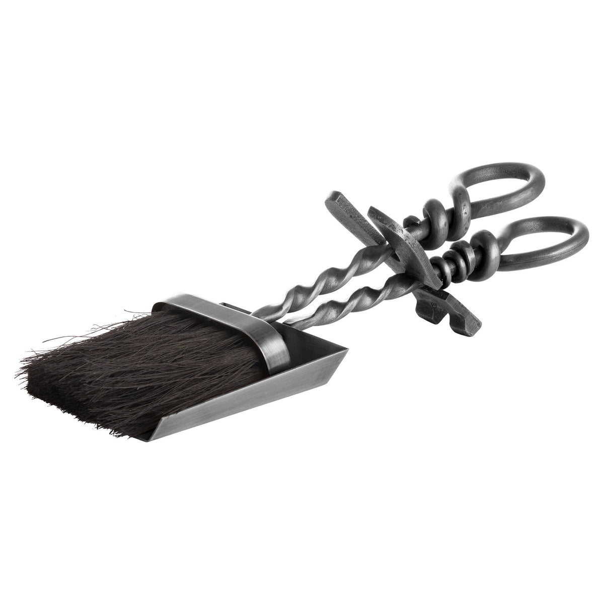 Dark silver hearth tidy shown diagonally on white, with a brush resting over a rectangular dustpan and twisted shafts leading to large loop handles.