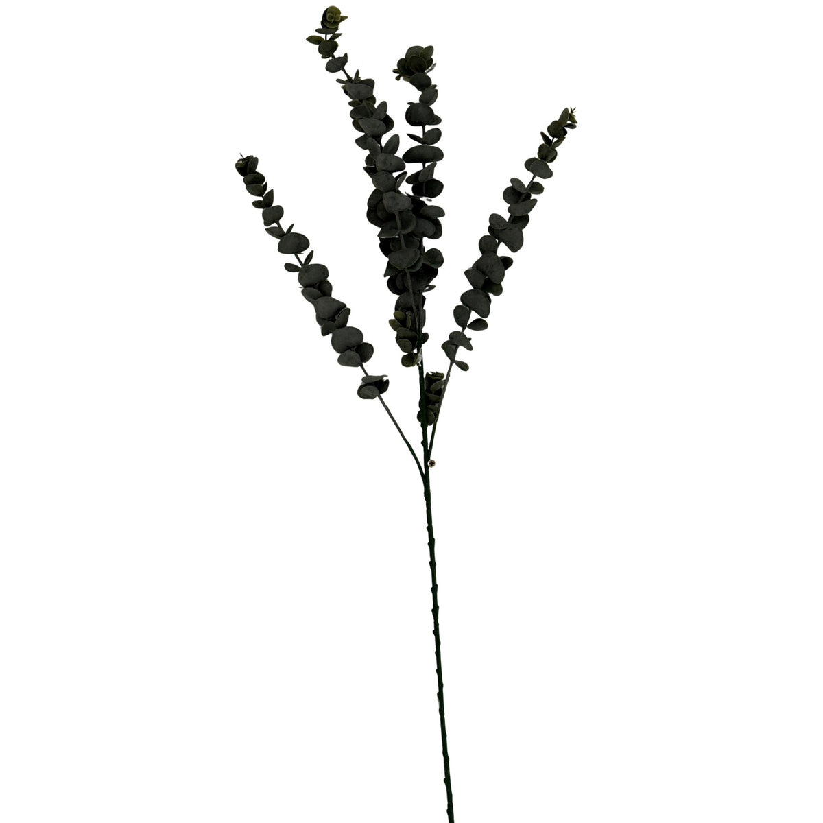Full view of an artificial eucalyptus stem with a long dark-green stalk and upright branches covered in rounded grey-green leaves.